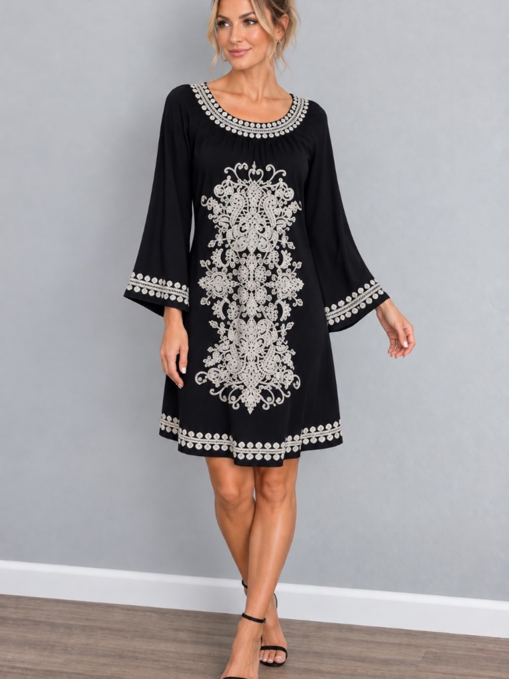 INC International Concepts Black Boho Embroidered Tunic Dress Size Large